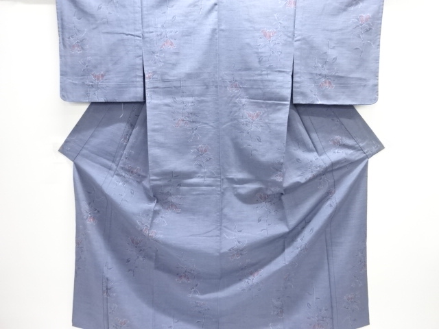 アンティーク　花模様織り出し手織り紬単衣着物